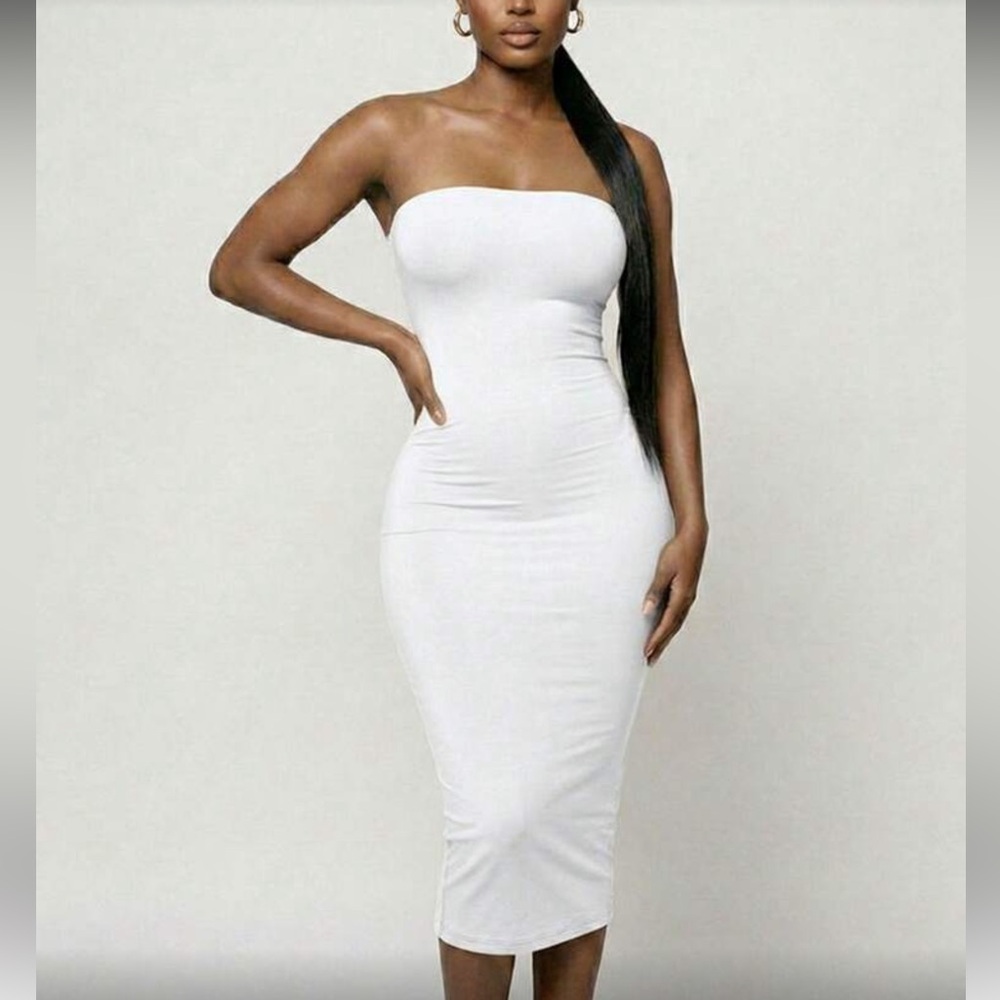Strapless Bodycon Midi Dress in White